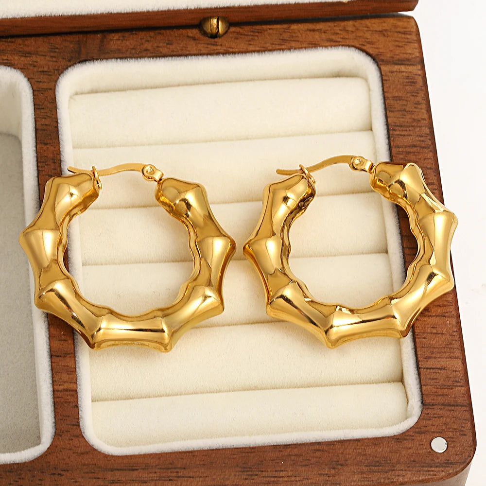 Gold-Tone Bamboo Stainless Steel Hoop Earrings