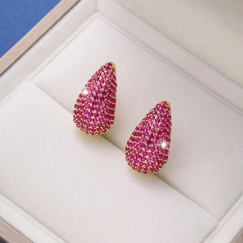 Temperament Inlay Sparkling Color Zircon Waterdrop Ear Stud Waterproof Chunky Teardrop Dome Drop Earrings Party Luxury Jewelry