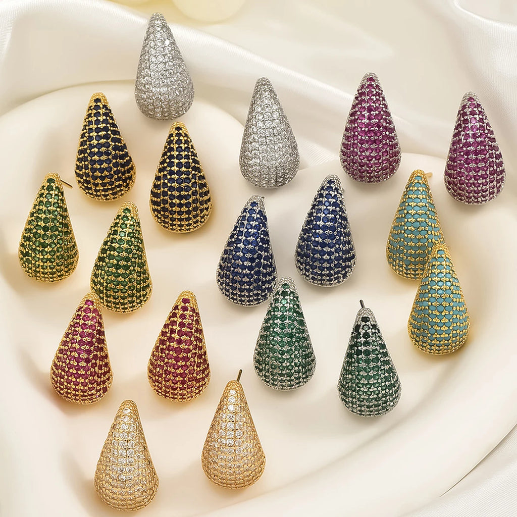 Temperament Inlay Sparkling Color Zircon Waterdrop Ear Stud Waterproof Chunky Teardrop Dome Drop Earrings Party Luxury Jewelry