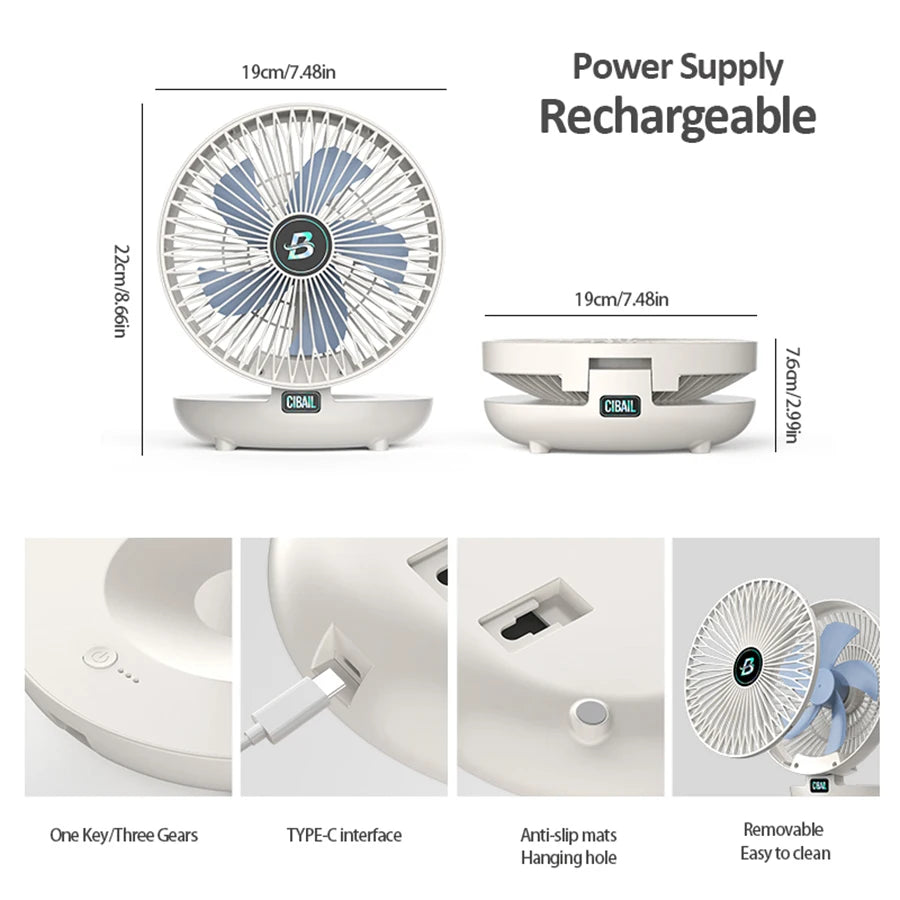 2-in-1 Rechargeable Fan – Folding Desktop & Wall-Mounted Fan with 3 Speeds
