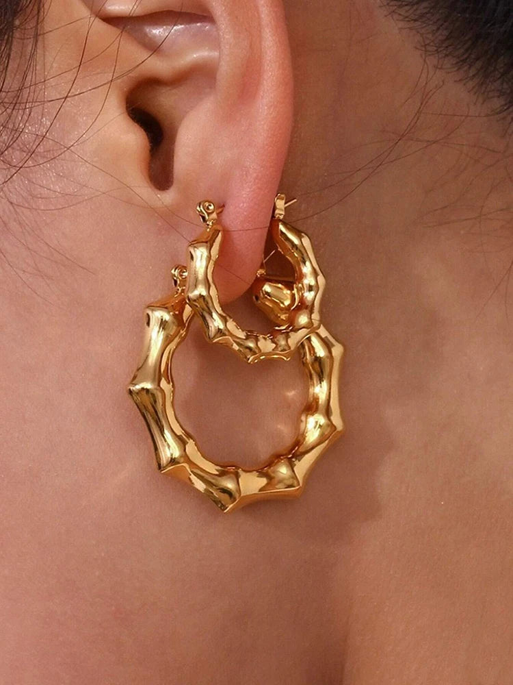 Gold-Tone Bamboo Stainless Steel Hoop Earrings
