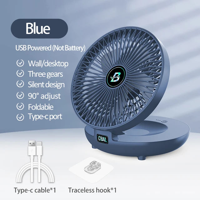 2-in-1 Rechargeable Fan – Folding Desktop & Wall-Mounted Fan with 3 Speeds