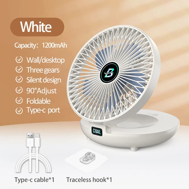 2-in-1 Rechargeable Fan – Folding Desktop & Wall-Mounted Fan with 3 Speeds