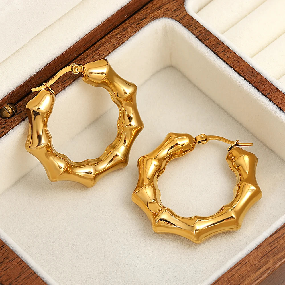 Gold-Tone Bamboo Stainless Steel Hoop Earrings