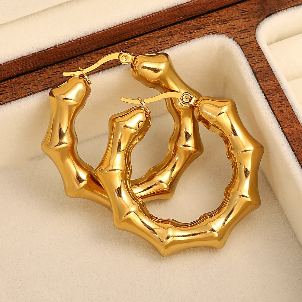 Gold-Tone Bamboo Stainless Steel Hoop Earrings