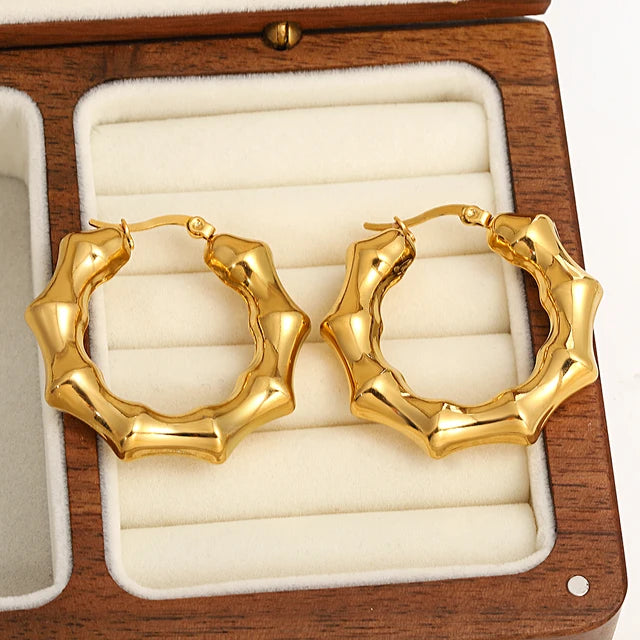 Gold-Tone Bamboo Stainless Steel Hoop Earrings